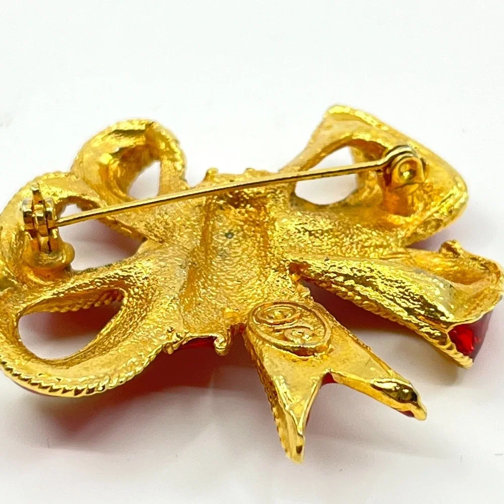 Vintage AJC Red Enamel Bow Brooch, Gold Tone Textured Holiday Ribbon Pin Classic